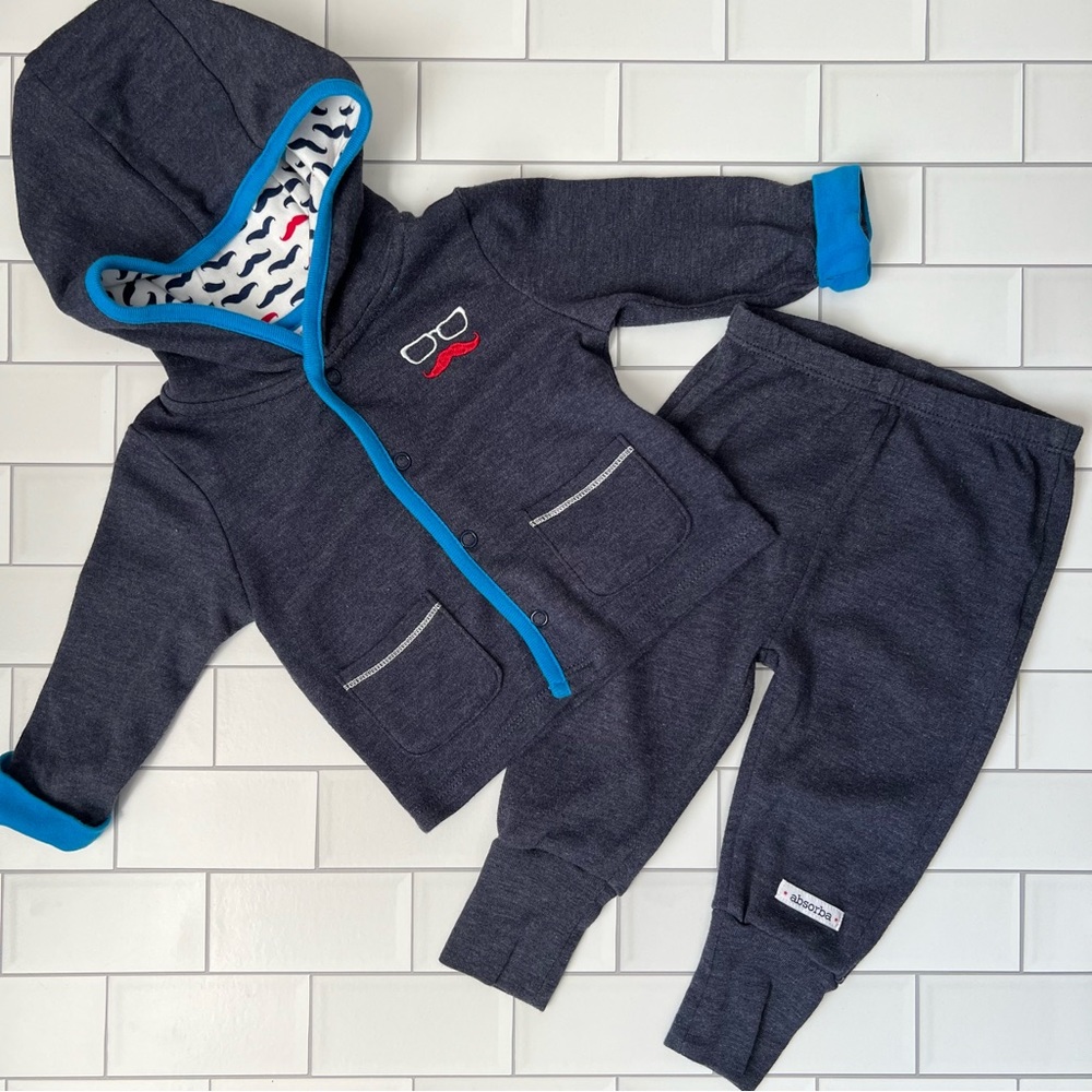 6M Baby Boys Absorba Mustache Hoodie Snap Up and Jogger Pants Set